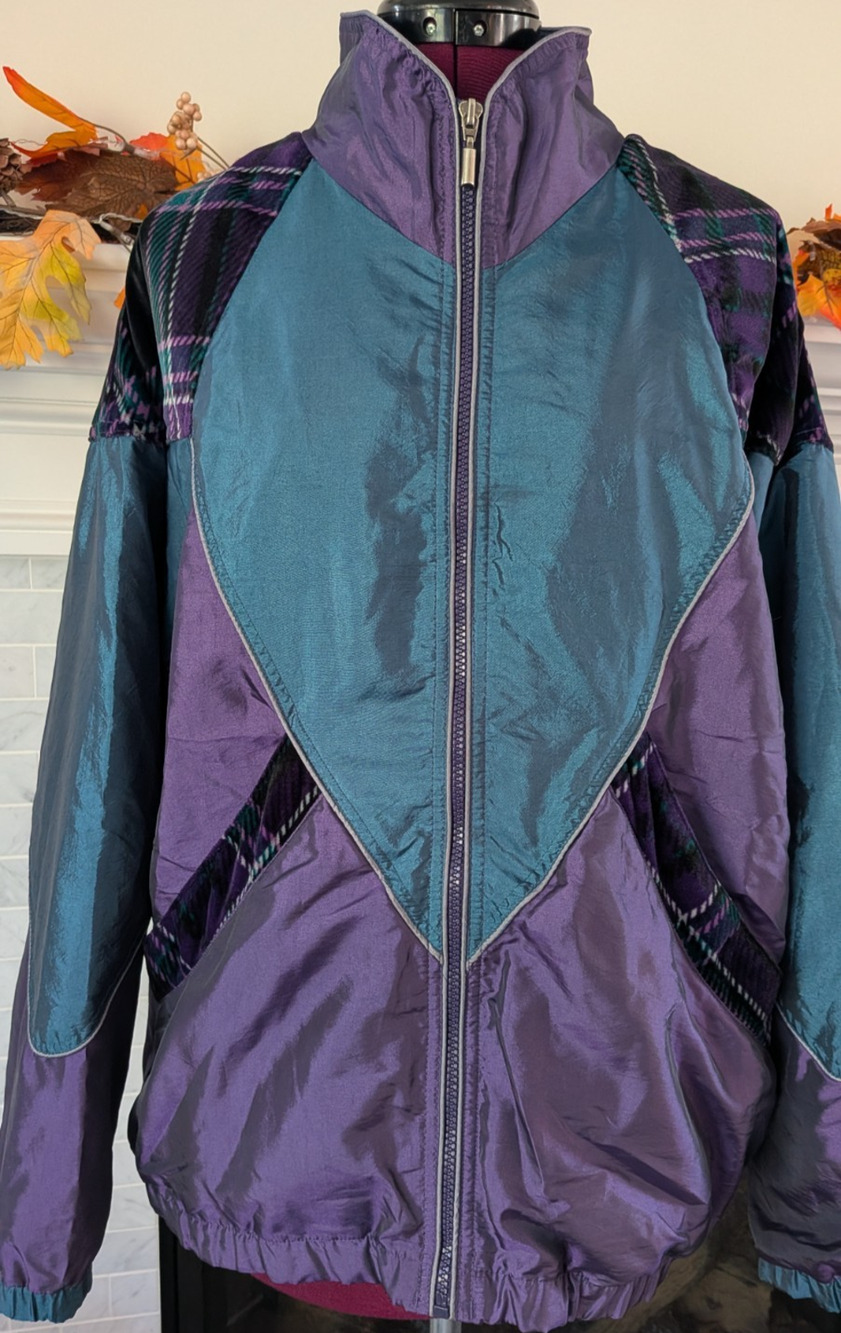 Outbrook Vintage Gorpcore Windbreaker Jacket Purple Teal Plaid L Retro Utility